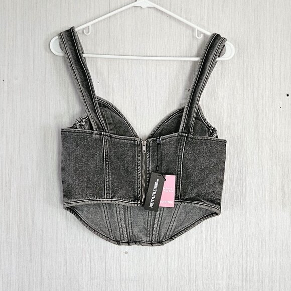 Prettylittlething PLT Washed Grey Dipped Hem Denim Corset Top - sz US 6 NWT - Picture 4 of 6